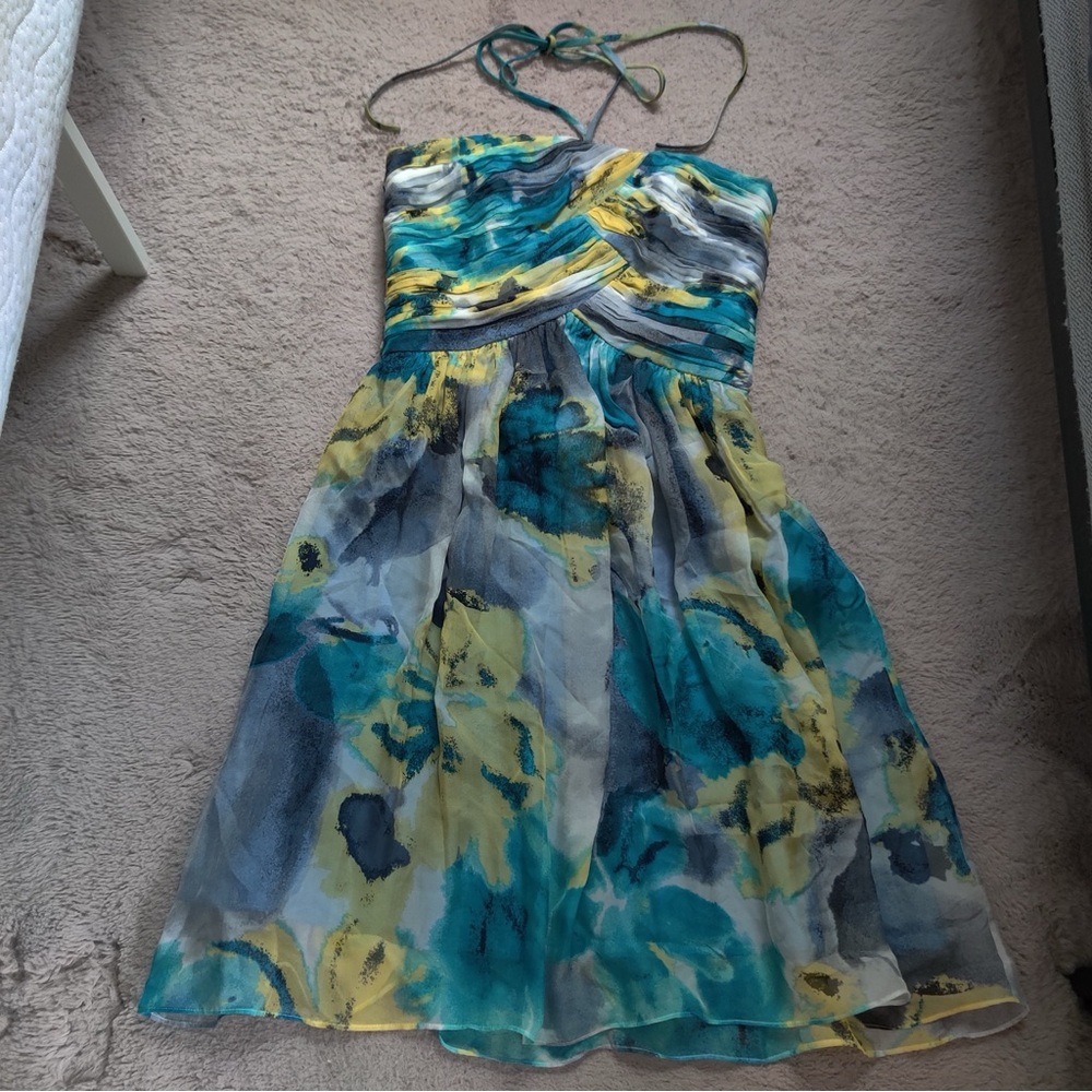 Laundry By Shelli Segal Blue Teal Yellow Gray Watercolor Silk Dress Halter Pleat